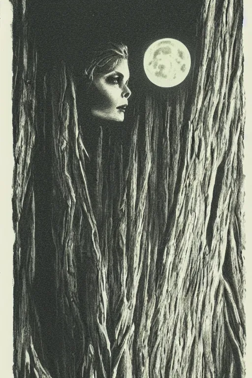 Image similar to michelle pfeiffer 1 9 8 0 s vhs tape cover, “ unico indizio la luna piena ”, atmospheric, realism, hand drawn, horror, grimy, in the woods, highly detailed, high octane render, hd, spooky moon and fog, in the style of enzo sciotti