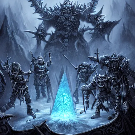 Prompt: vast ice dungeon, the lich king summoning a horde of undead warriors, warcraft, warcraft artwork, digital drawing, hyperrealistic, hyper detailed, dark fantasy, gritty