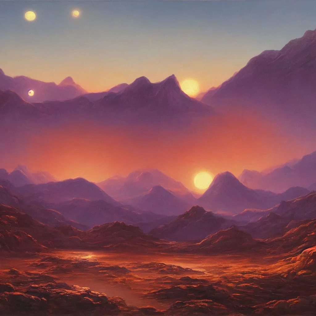 Prompt: The surface of a distant alien planet with large moon visible in the sky and a beautiful landscape of mountains and water. The sky is red and the time of day is sunset, highly detailed oil painting,