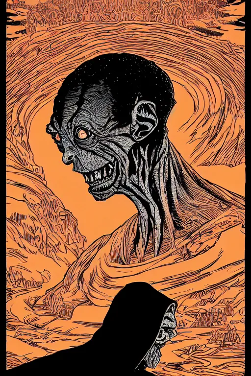 Prompt: a vibrant! sideview waist up portrait of mysterious gollum wearing black cape hoodie by laurie greasley and josan gonzalez and geof darrow, etching by gustave dore, colorful flat surreal ethereal, intricate, sharp focus, illustration, highly detailed, digital painting, concept art, masterpiece