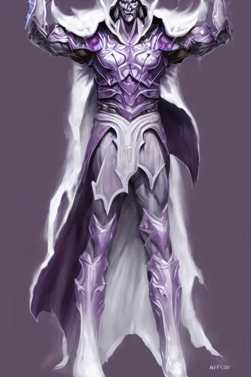 Image similar to human male demon, full body white purple cloak, hero, heavy scale armor, character concept art, costume design, black eyes, white horns, trending on artstation, Artgerm , WLOP