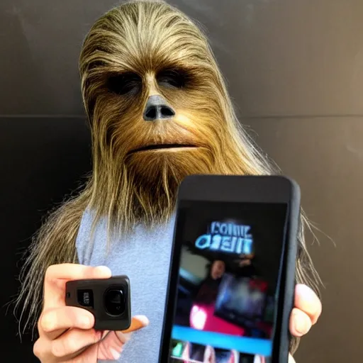 Prompt: teenage wookiee taking selfie for the gram