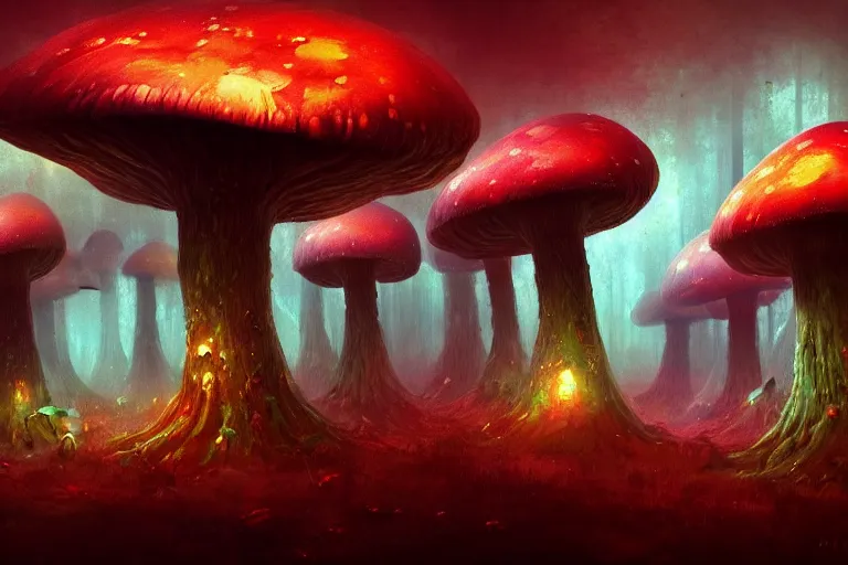 Image similar to a giant mushroom forest in the style of Anato Finnstark concept art, 4K, UHD, High quality, Trending on Artstation HQ