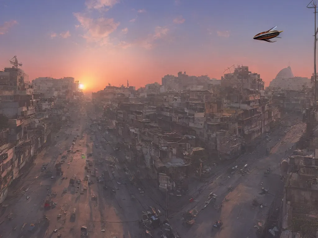 Prompt: streets of delhi, sunset, airship in the sky, clear skies in the distance, hyperreal, artstation