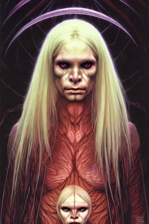 Image similar to female demon in the wild nature, dressed, blonde hair, symmetry, sci - fi, dark fantasy, by wayne barlowe