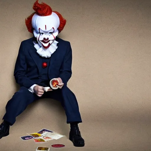 Image similar to Pennywise the clown wearing a suit and holding a banknote in his hands, full body shot