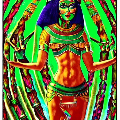 Image similar to green haired woman with bullhorns coming out of her head, six arms, hyperdetailed legs, Egyptian makeup, psychedelic clothing