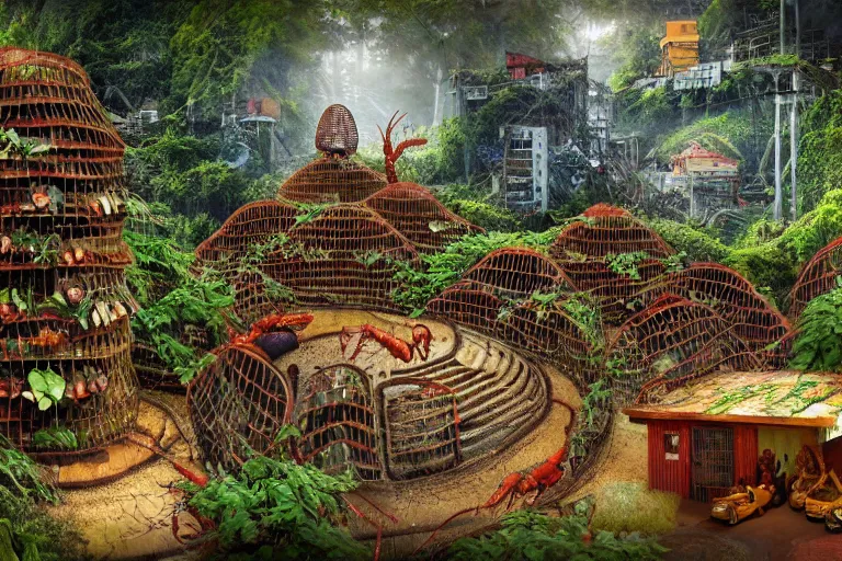 Image similar to favela lobster labyrinth hive, wooded environment, industrial factory, soothing, whimsical, award winning art, epic dreamlike fantasy landscape, ultra realistic,