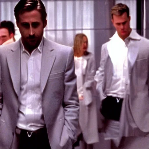 Prompt: ryan gosling clones surrounding christian bale in american psycho ( 1 9 9 9 )