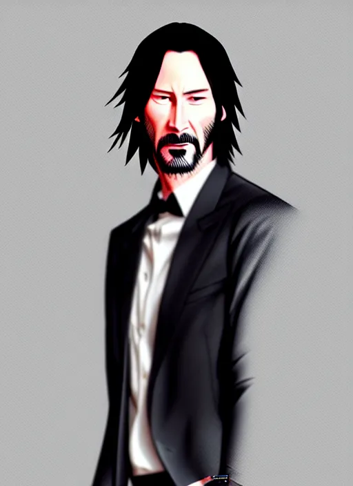 Image similar to anime portrait of keanu reeves as a handsome man, wearing black suit and bowing down, ilya kuvshinov, anime, deroo, pixiv top monthly, trending on artstation, cinematic, danbooru, zerochan art, kyoto animation