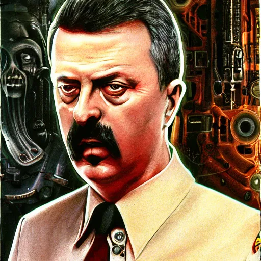 Image similar to Portrait of Igor Ivanovich Strelkov while he is calling for war total mobilization, photo-realistic, color image, 2K, highly detailed, bodyhorror by H.R.Giger, tends to have fractal structure