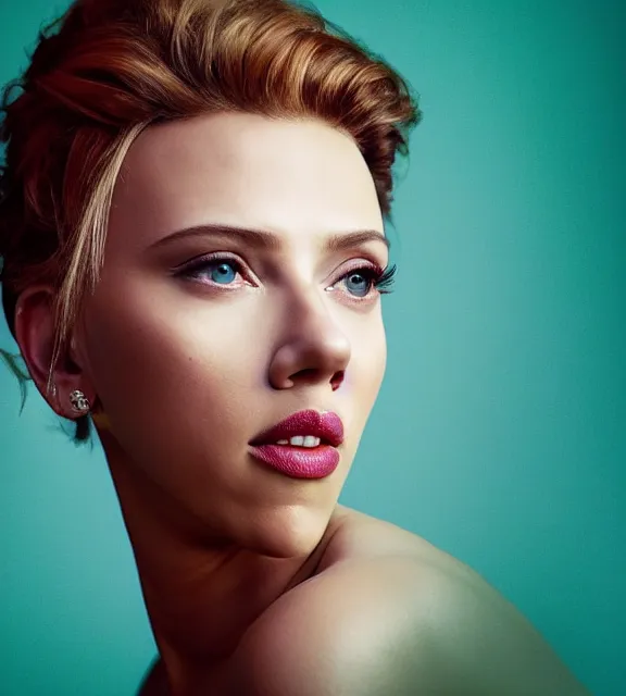 Prompt: beautiful portrait photo of Scarlett Johansson:: symmetric face, symmetric eyes, slight smile, photo by Annie Leibovitz, 85mm, teal studio backdrop, Getty images