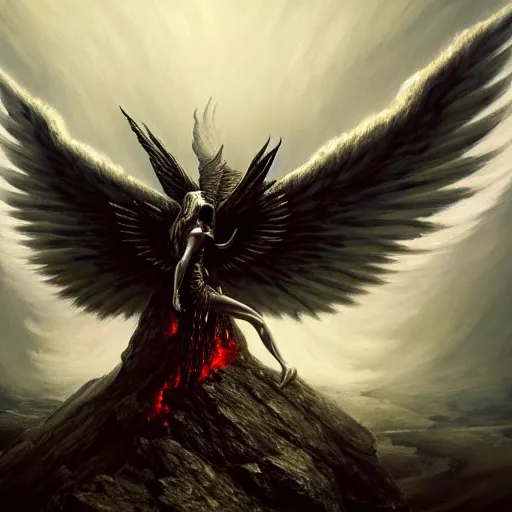 Prompt: painting of a fallen angel paladin with big burnt wings reaching the summit of a haunted mountain, sharp focus, award - winning, trending on artstation, masterpiece, highly detailed, intricate. art by seb mckinnon