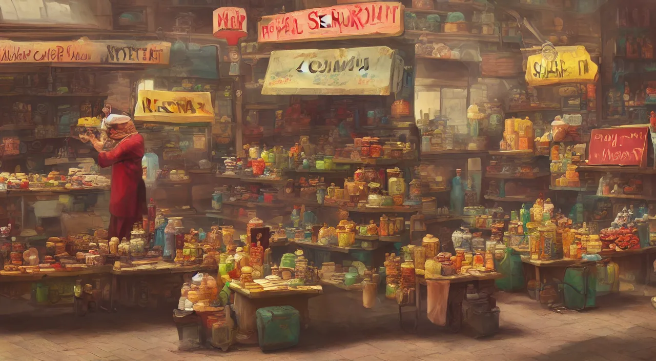 Prompt: A hyper realistic matte painting of shopkeeper selling canteens, new vegas style, vibrant, 4k, artstation, cgsociety