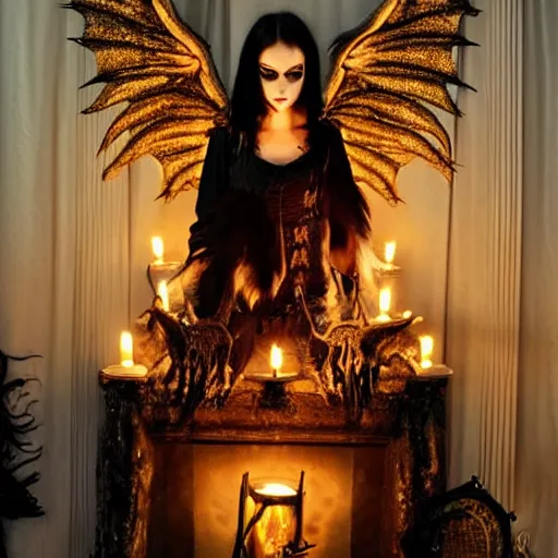 Image similar to gothic ritual with many golden candles, german shepherd with dragon wings in gothic makeup, gloomy, candlelight, intricate detail faces, fireplace photograph