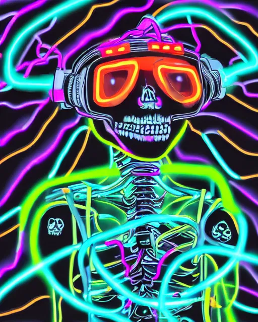 Prompt: xsullo digital painting of cyberpunk skeleton tethered to a bunch of wires and cords and chains wearing a vr headset neon glowing painting