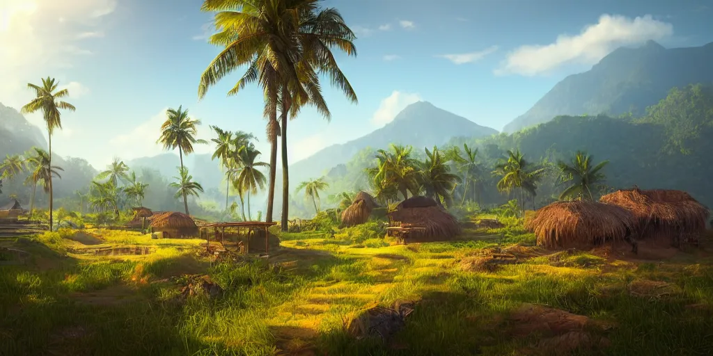 Image similar to Lively sunny landscape of a kerala village realistic detailed digital art by Maxwell Boas Jessica Rossier Christian Dimitrov Anton Fadeev trending on Artstation CGSociety rendered in Unreal Engine 4k HQ