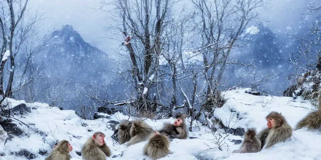 Prompt: scenic mountain setting, a family of snow monkeys gather at the natural spa to get warm, highly detailed, snow flurry, cold, steamy, desaturated blue, inquisitive, striking, contemplative, happy, content, warm, in style of Antoine Blanchard
