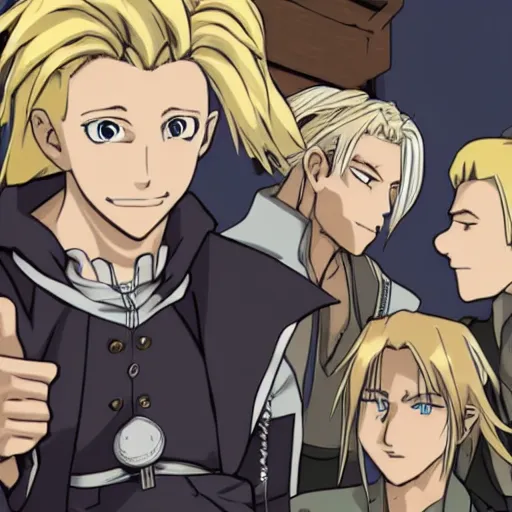 Image similar to young blonde boy fantasy thief in a tavern surrounded by a diverse group of friends, full metal alchemist, anime style