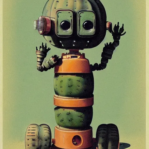 Prompt: a long shot of. a 1950s retro Cactus robot, with space above the head. Bionic cacti Arms and eyes. pop surrealism, muted colours. by Jean-Baptiste Monge, wide shot