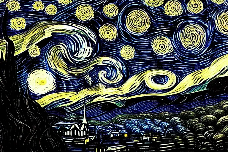 Image similar to man is seeing old god eldritch horror cthulhu terrifying the night sky of a city, epic scene, hyper - detailed, gigantic cthulhu, photo - realistic wallpaper, dark art, van gogh style