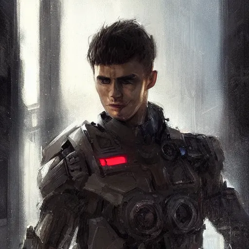 Prompt: Portrait of a man by Greg Rutkowski, he is about 20 years old, mixture turkish and russian, short dark blonde hair with bangs, attractive, angry but resigned look, he is wearing a futuristic tactical gear, highly detailed portrait, scifi, digital painting, artstation, concept art, smooth, sharp foccus ilustration, Artstation HQ.