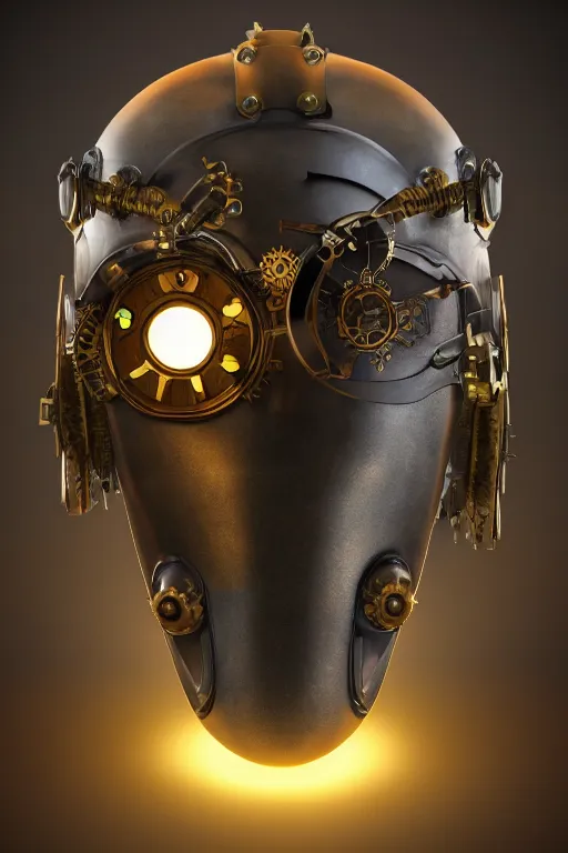 Image similar to steampunk mask minimalist fantasy art robot ninja helmet, global illumination ray tracing hdr fanart arstation by sung choi and eric pfeiffer and gabriel garza and casper konefal radiating a glowing aura