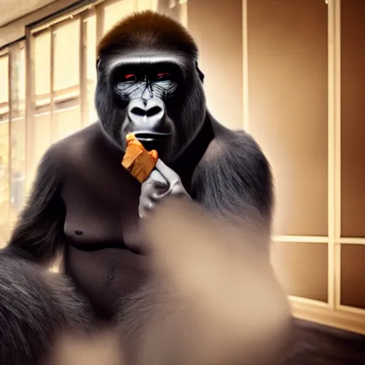 Image similar to a gorilla dressed as a mobster smoking a cigar, cinematic lighting, 4k, realistic