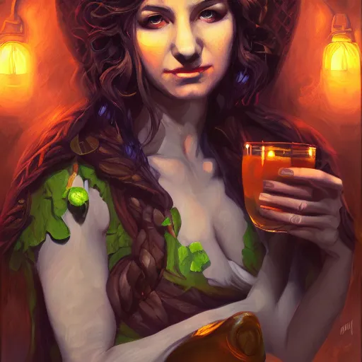 Prompt: female druid drinking at a table, irish, beautiful lighting, digital art, expressive oil painting, by Dan Mumford, by Artgerm, matte art