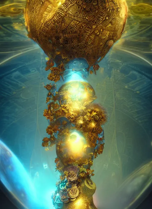 Image similar to flowers within the whole infinite capsule apparent with awe the apparition, an idea seep's into infinity highly detailed in volumetric latent space, golden turquoise steampunk, high contrast cinematic light, mystical shadows, sharp focus, divine realm of gods, octane render, artist by boris vallejo,