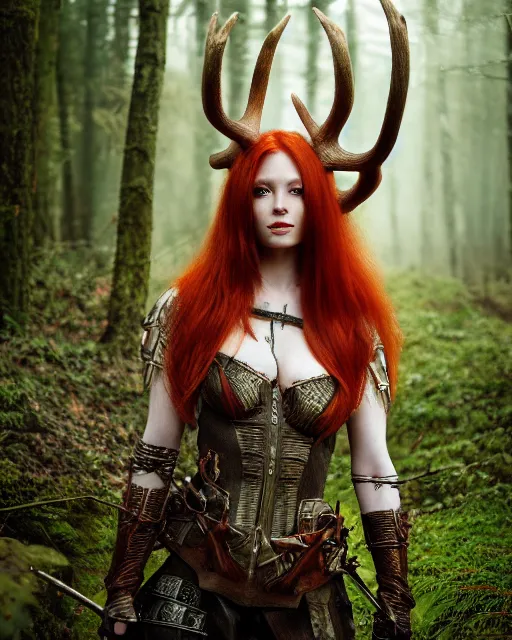 Image similar to 5 5 mm portrait photo of an armored redhead woman warrior, and antlers growing from her head, in a magical forest. by luis royo. highly detailed 8 k. intricate. lifelike. soft light. nikon d 8 5 0. cinematic post - processing