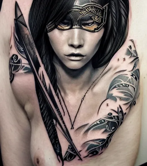 Image similar to tattoo design of a hyper realistic beautiful girl warrior, hyper detailed, inspired by eliot kohek, on white background