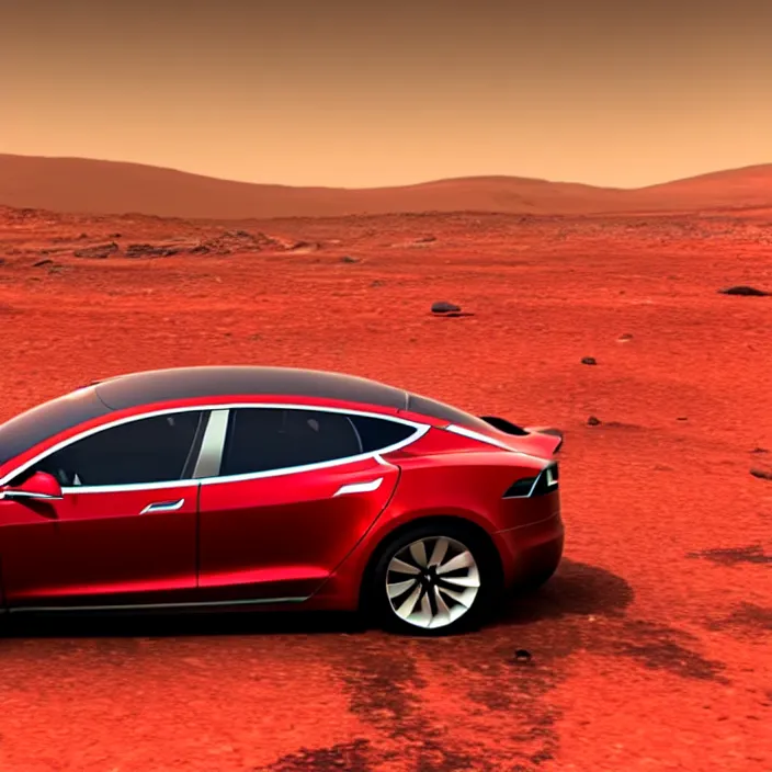 Image similar to photo of a red tesla car crash landing on mars highly detailed, 4 k, hdr, smooth, sharp focus, high resolution, award - winning photo