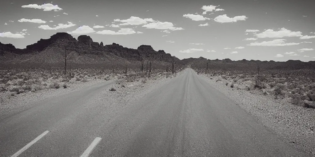 Prompt: “Desert highway in the style of Marcelino Truong, signs, capitalism, low horizon, industry, cactus, mountain”
