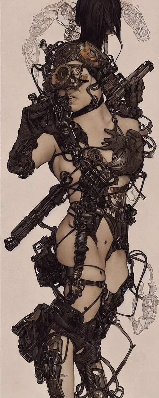 Image similar to striking sensual industrial art nouveau style portrait of cristina franco as a cyberpunk heavy metal rebel soldier by travis charest, simon bisley and alphonse mucha, photorealism, extremely hyperdetailed, perfect symmetrical facial features, perfect anatomy, ornate declotage, weapon, latex, excited expression, wild eyes