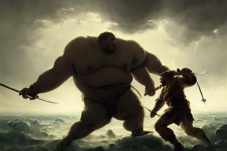 Image similar to a dynamic painting of a medieval man fighting a gigantic white fat monster, obese monstrosity fight by greg rutkowski, realism, ultra detailed, 8 k resolution