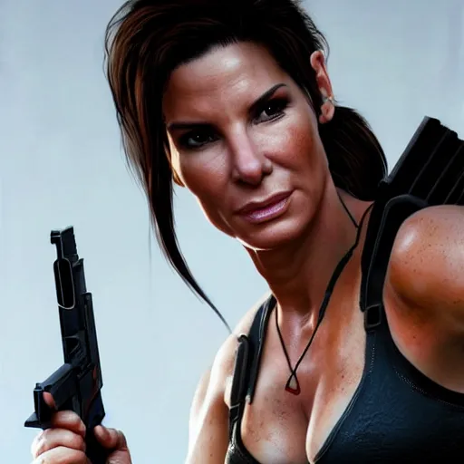 Image similar to hyperrealist portrait of sandra bullock as lara croft. fantasy art, photo realistic, dynamic lighting, artstation, poster, volumetric lighting, very detailed faces, 8 k, award winning