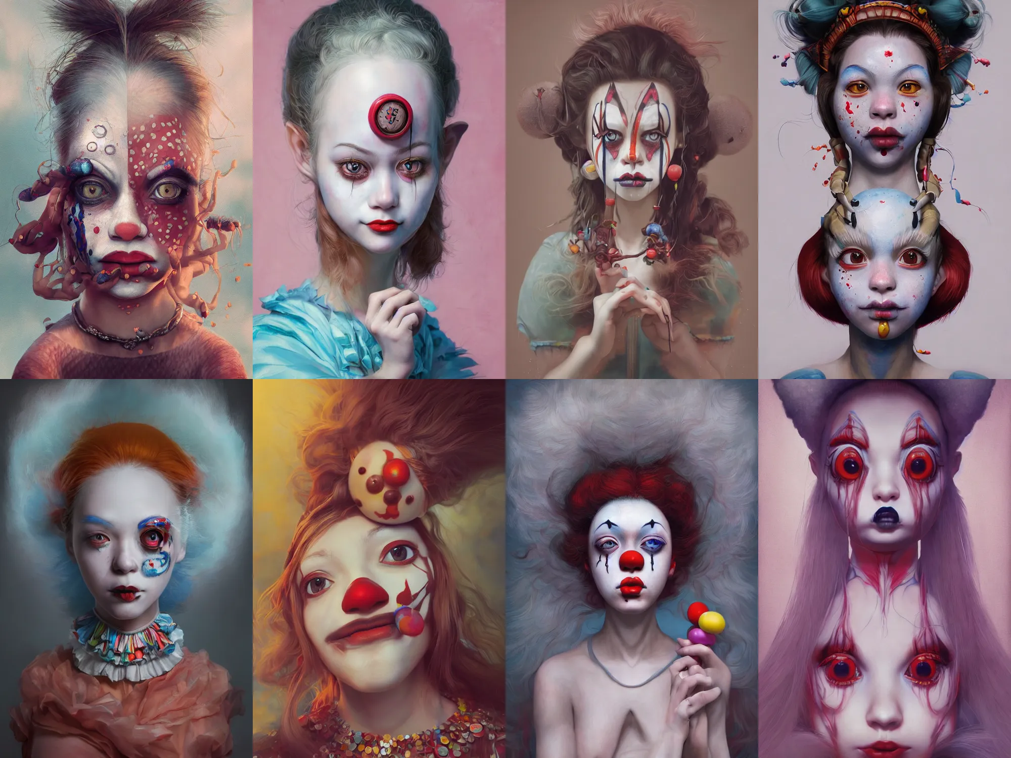 Image similar to breathtaking detailed painting of clown girl , with anxious, piercing eyes, Atari game cover art by Hsiao-Ron Cheng, James jean, Miho Hirano, Hayao Miyazaki, extremely moody lighting, hyperrealistic, octane render, RPG portrait, ambient light, dynamic lighting