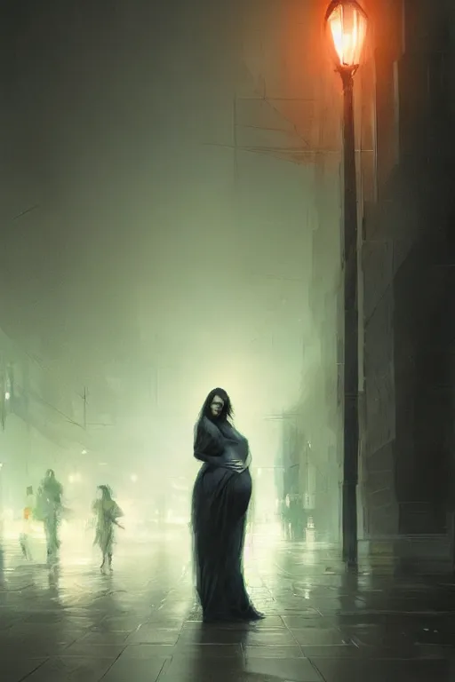 Prompt: pregnant woman under street light, highly detailed, sharp focused, ultra realistic digital concept art by Ruan Jia