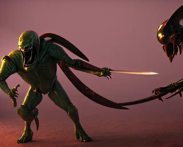 Image similar to sword fight between alien and predator, pixar animation, dreamworks, octane render, dramatic