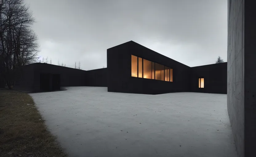 Prompt: An Exterior wide angle shot of a cyberpunk brutalist architecture House with warmly lit windows by Peter zumthor and James Turrell, Dark atmospheric sad and cinematic lighting, Trending on artstation, Archviz, Archdaily, Deezen, Design milk, Architectural visualisation