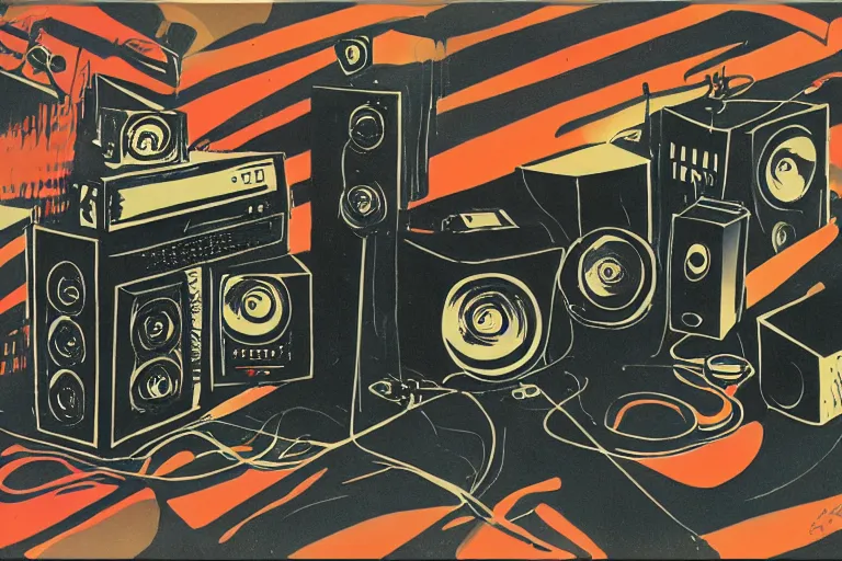 Prompt: a dark retro 1967 gouache illustration of a time traveling sound system