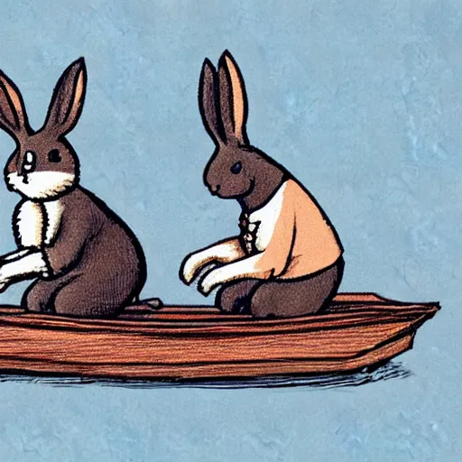 Image similar to concept art of two rabbits playing chess on a rowboat