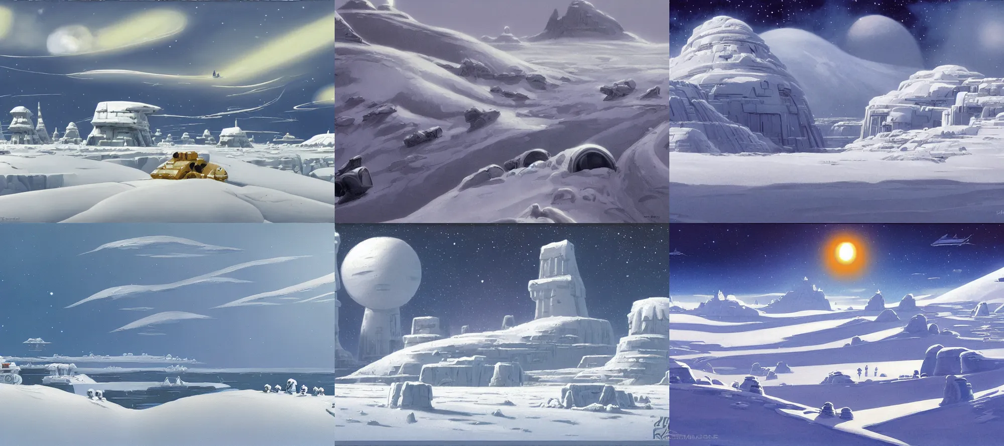 Prompt: Hoth landscape in the style of Dr. Seuss, starships, painting by Ralph McQuarrie