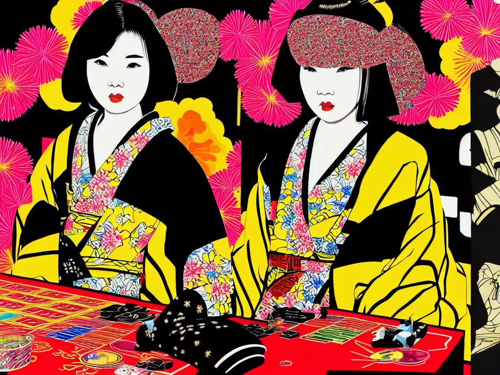 Image similar to hyperrealistic composition of the detailed woman in a japanese kimono sitting at a extremely detailed black jack table with golden darth vader, fireworks, mountain fuji on the background, pop - art style, jacky tsai style, andy warhol style, acrylic on canvas