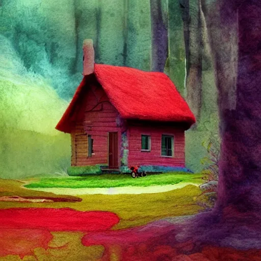 Image similar to small wooden house in the middle of spring forest, bright colours, watercolor, volumetric wool felting, macro photography, children illustration, by dan mcpharlin