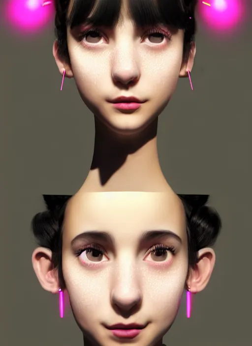 Image similar to portrait of high school girl, realistic, black hair, bangs, half updo hairstyle, pointy nose, skinny, smile, ugly, defined jawline, big chin, pink hair bow, earrings, intricate, elegant, glowing lights, highly detailed, digital painting, artstation, sharp focus, illustration, art by wlop, mars ravelo and greg rutkowski