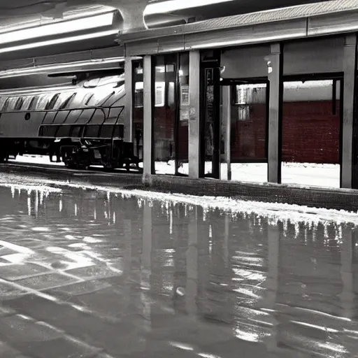 Image similar to photo of a train station, with floor flooded with ice cream