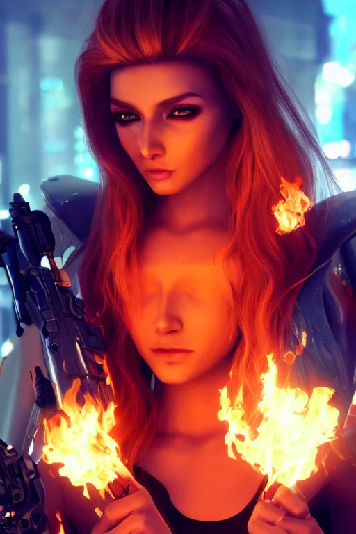 Prompt: gorgeous blonde woman with fire in her hand, cyberpunk, realistic, high definition, many details, shiny colorful, symmetrical face, realistic eyes, art of unreal engine 5