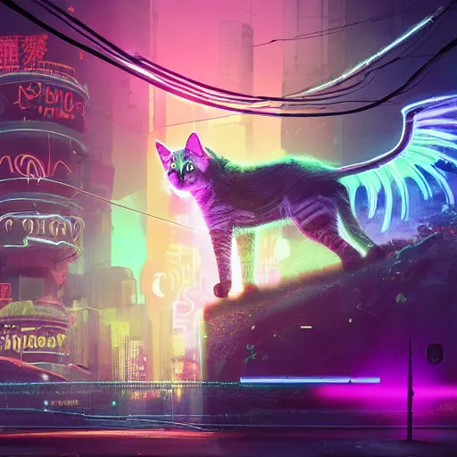 Image similar to a detailed matte painting of a neon cat under a black light with red led eyes, a beam of light shining upon the cat, levitation, the cat is in a intricately detailed neo neon cyberpunk Japanese city, the angel of death with a halo, colorful background not limited to children, by Ismail Inceoglu , concept art, featured on cgsociety